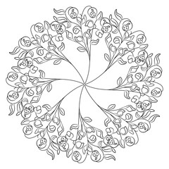 Round star shape floral mandala with blooming branches. Folk style. Black and white linear silhouette.