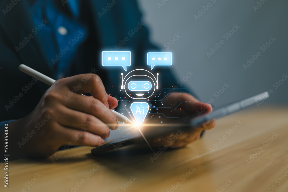 Fototapete development of AI chat business communication. chatbot digital technology generates the information command prompt, smart robot conversation. concept of bot artificial intelligence open for customers.