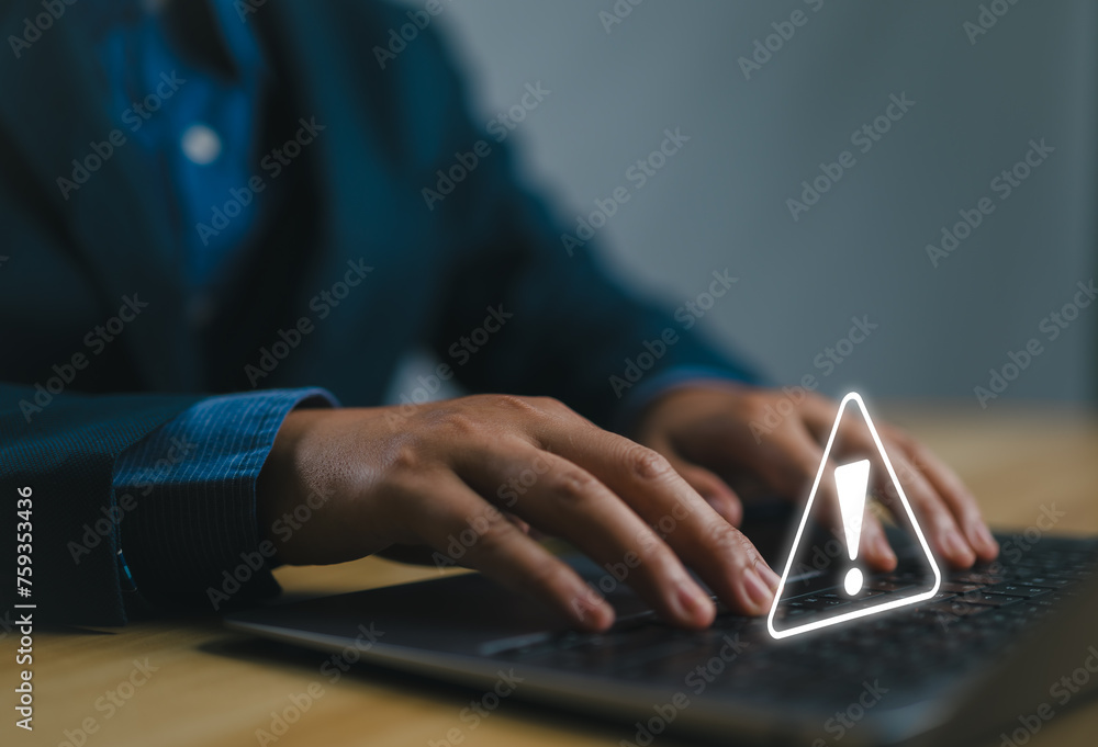 Poster leak of software data, cyber error symbol warning sign of system failure in the laptop. concept risk of website technology digital online, notification spam, caution danger if a computer is attacked