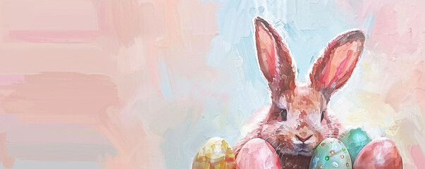 Cute pink bunny rabbit with easter eggs on pink background oil acrylic painting copy space illustration - obrazy, fototapety, plakaty