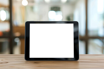 The tablet computer stands on the table with a blank white screen and a blurred office background. Screen display for mockup.