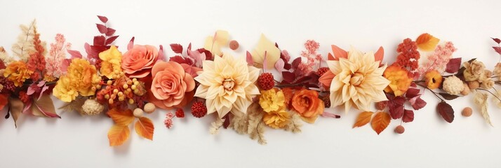 Beautiful autumn leaves and flowers on white background, panoramic shot