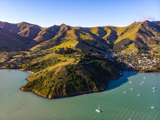 aerial panorama of cass bay, corsair bay, pony point and lyttelton, beautiful coast of new zealand...