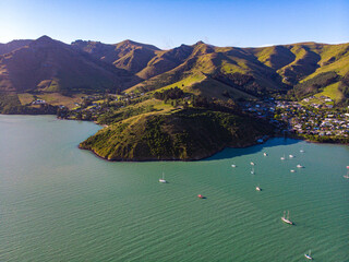 aerial panorama of cass bay, corsair bay, pony point and lyttelton, beautiful coast of new zealand...