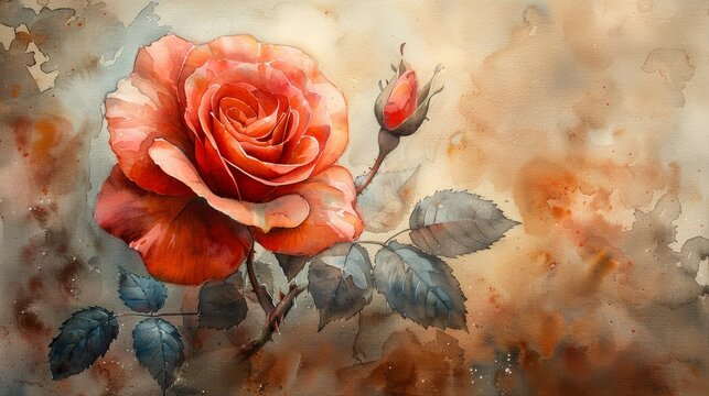Watercolor Painting of a Blooming Rose