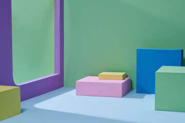 Studio with geometric objects and frame. 