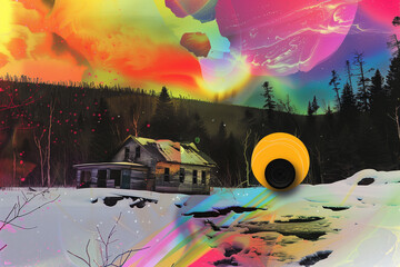House in a Snowy Mountainscape with Psychedelic Technicolor Sky Collage Shapes Abstract Geometric Colorful Trippy 70s Acid LSD Pine Forest