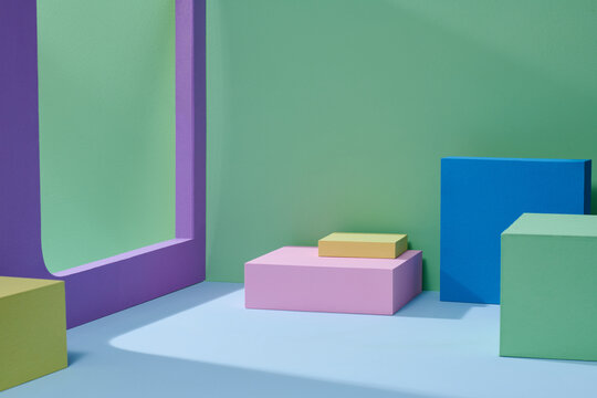 Studio with geometric objects and frame.