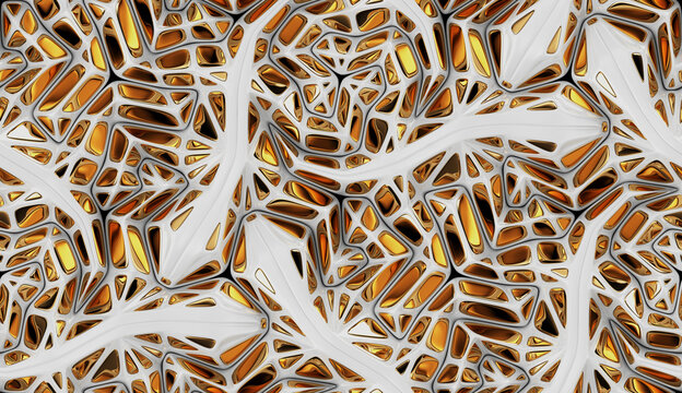 White 3D bionic shape tiles with gold insert.