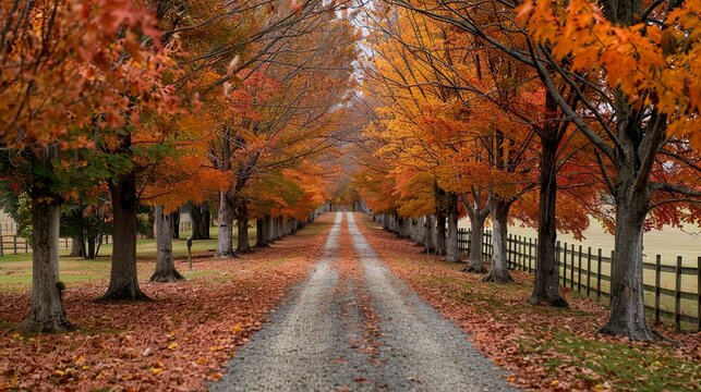 Autumn trees lining driveway.