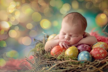 Fototapeta na wymiar Easter's Tiny Miracle: A Newborn Resting Amongst a Kaleidoscope of Colorful Eggs