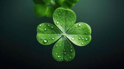 Fresh green four-leaf clover on dark background, St. Patricks Day luck. - obrazy, fototapety, plakaty
