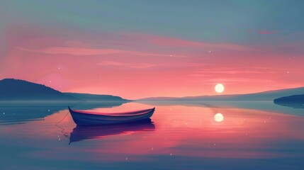 Serene sunset over a calm lake with boat