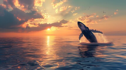 A humpback whale jumping out of the sea water at a beautiful sunset