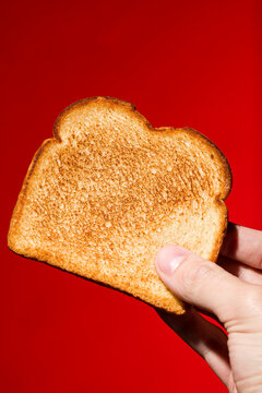 Hand Holding Toast on a Red Background