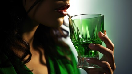 Beautiful brunette woman enjoying drink from green glass at the cozy bar celebrating St Patricks Day