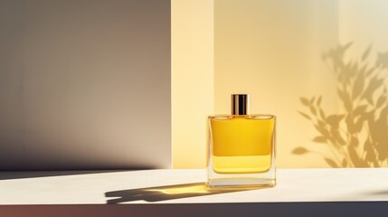 Transparent yellow glass perfume bottle mockup on pedestal with minimalist background. Eau de toilette. Mockup, spring flat lay.