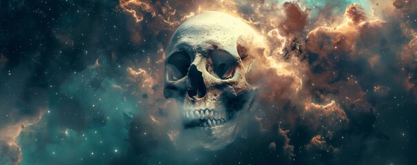 Skull floating in cosmic clouds