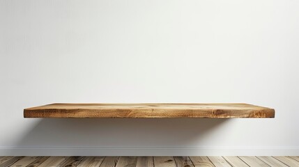a wooden floating shelf elegantly adorns a pristine white wall, set against the backdrop of a sleek...