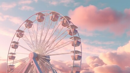 Colorful Pink Ferris Wheel at Sunset with Dramatic Cloudy Sky, Trees, Amusement Park