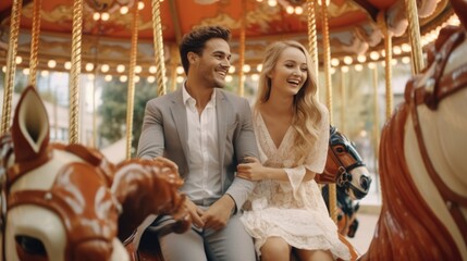 Fototapeta na wymiar Romantic couple having a delightful time on a vibrant carousel at the amusement park on a sunny day