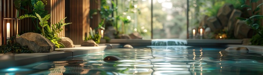 Zen Spa Interior with Indoor Pool, Inspiring Relaxation and Mindfulness - obrazy, fototapety, plakaty