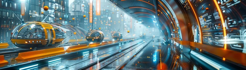 Rain-Slicked City with Futuristic Train, Evoking Speed and Urban Evolution