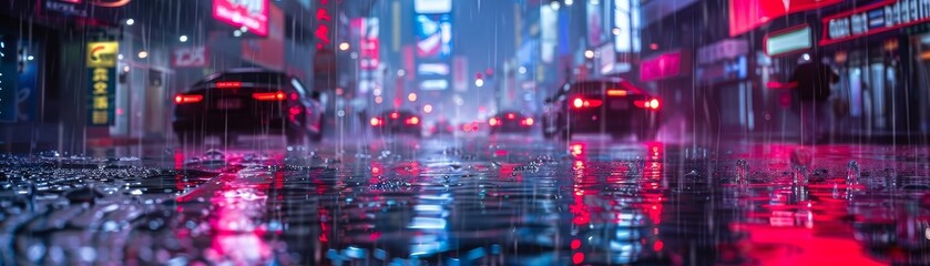 Fototapeta na wymiar Rain-Slicked City Streets at Night, Reflecting Urban Glow and Solitude