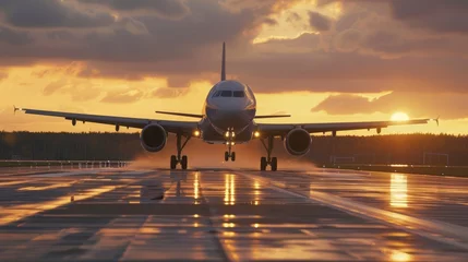 Fotobehang A large jet plane landing on a lit runway at sunset, The plane is in close-up © Stefan95
