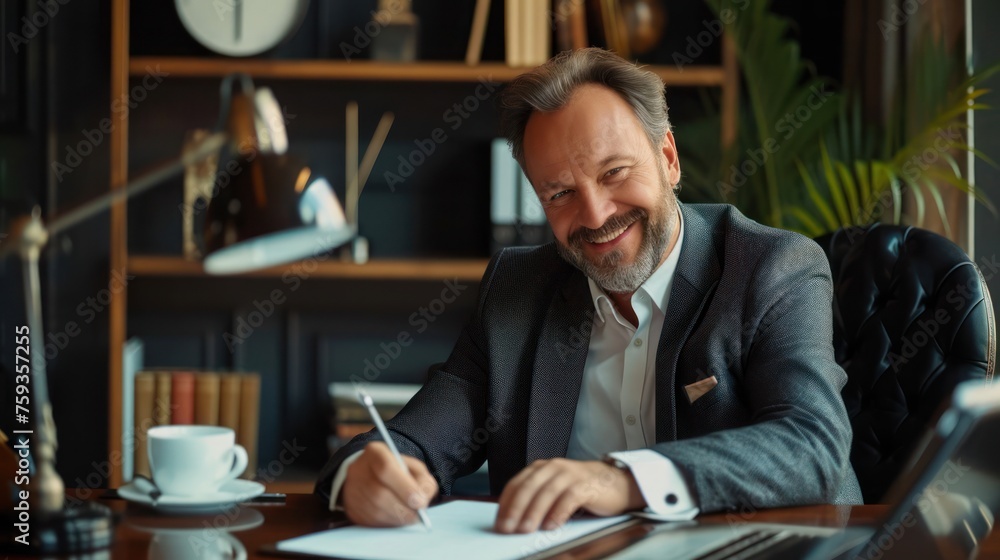 Aufkleber man writing on paper at desk generative ai