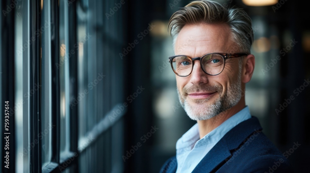 Poster smiling businessman in suit and glasses standing by window generative ai