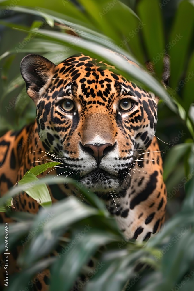 Wall mural Close-up image of a jaguar in the tropical jungle
