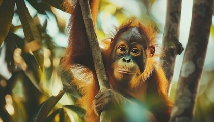 orangutan hanging alone on a shady tree branch