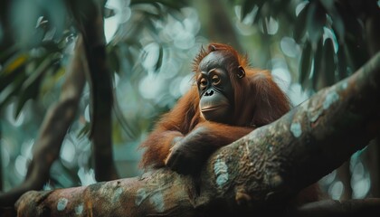 orangutan sitting alone on a shady tree branch - Powered by Adobe