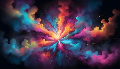 An evocative depiction of vibrant bursts of colored smoke erupting against the darkness their radiant glow illuminating the void with a kaleidoscope of hues a