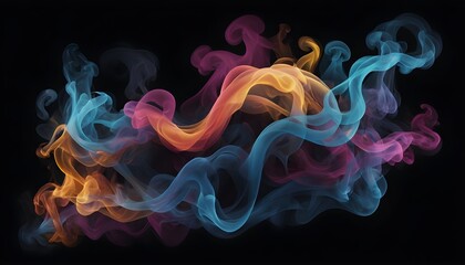 A mesmerizing image capturing the dynamic interplay of colorful smoke against a velvety black canvas as wisps of vibrant hues blend and merge to form a mesmerizing abstract tapestry