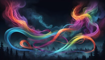 An enchanting portrayal of vivid ribbons of colored smoke weaving through the darkness their luminous trails 