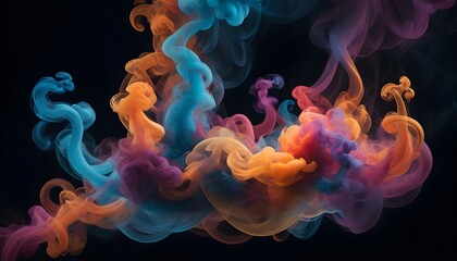 An ethereal image capturing vibrant tendrils of colorful smoke swirling and intertwining against a backdrop of deep darkness creating a mesmerizing abstract composition
