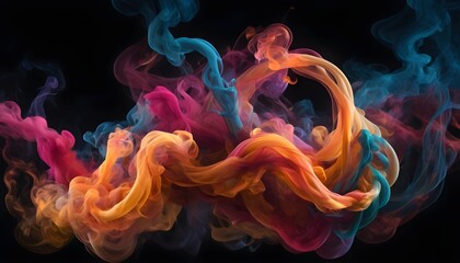 An ethereal image capturing vibrant tendrils of colorful smoke swirling and intertwining against a backdrop of deep darkness creating a mesmerizing abstract composition