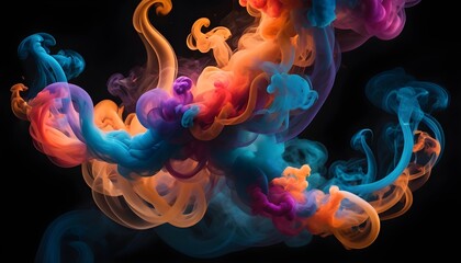 An ethereal image capturing vibrant tendrils of colorful smoke swirling and intertwining against a backdrop of deep darkness creating a mesmerizing abstract composition