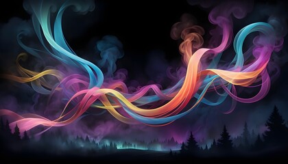  An enchanting portrayal of vivid ribbons of colored smoke weaving through the darkness their luminous trails 
