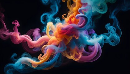 An ethereal image capturing vibrant tendrils of colorful smoke swirling and intertwining against a backdrop of deep darkness creating a mesmerizing abstract composition