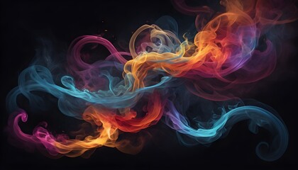 An ethereal image capturing vibrant tendrils of colorful smoke swirling and intertwining against a backdrop of deep darkness creating a mesmerizing abstract composition 
