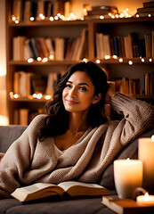 cozy brunette woman in comfy leisurewear sitting on a couch at home with a book, with lit candles and fairy lights on the book shelves in the background - a quiet night in for a bookworm