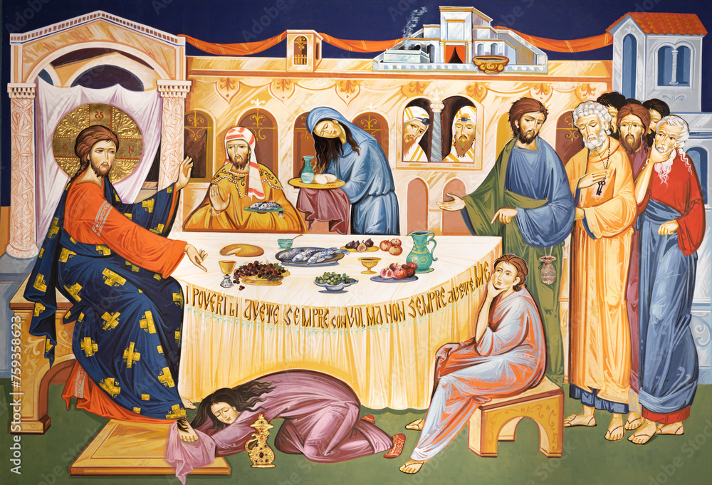 Wall mural milan, italy - march 6, 2024: the icon the supper of jesus by simon the pharisee in the church chies