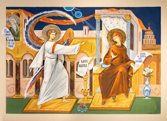 MILAN, ITALY - MARCH 6, 2024: The icon Annunciation in the church Chiesa dei Santi Nereo e Achilleo by Iulian Rosu. - 759358609