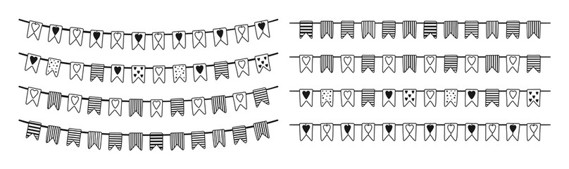 Celebrate hanging bunting garlands doodle set. Birthday party or valentine day anniversary flags isolated on white background. Festival or Christmas anniversary border decoration vector illustration