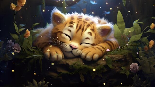 Cute fluffy tiger peacefully asleep in the magical jungle under moonlight
  Seamless looping 4k time-lapse virtual video animation background. Generated AI
