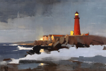 Beautiful lighthouse and cliff, Semi-abstract loosely painting, Stylized digital speed painting.