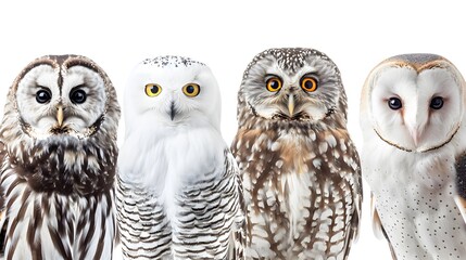 Collection of portraits of different owl species, barn, eagle, snowy and little owl, isolated on a transparent background - obrazy, fototapety, plakaty